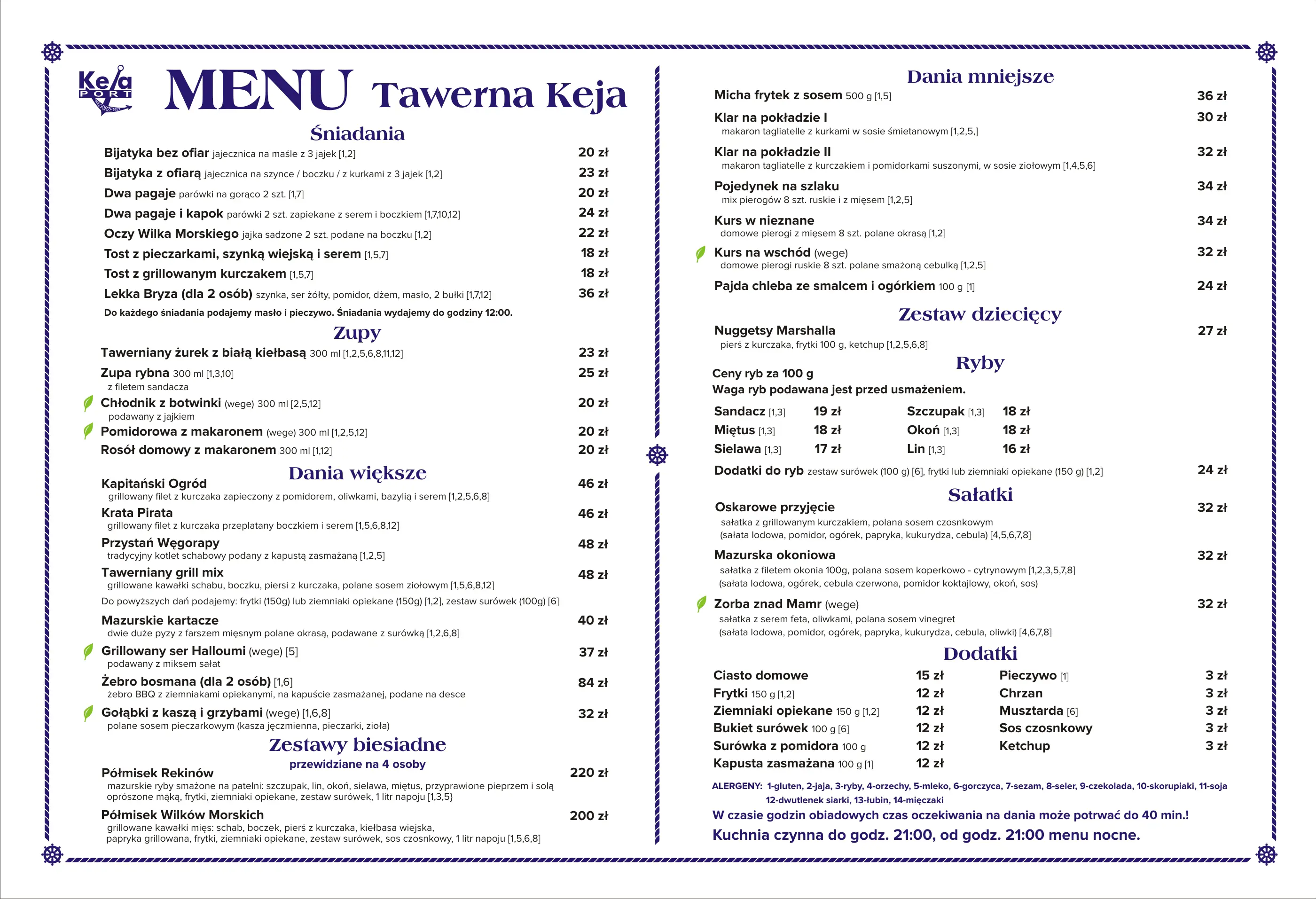Menu Tawerny Port Keja na Mazurach w Węgorzewie